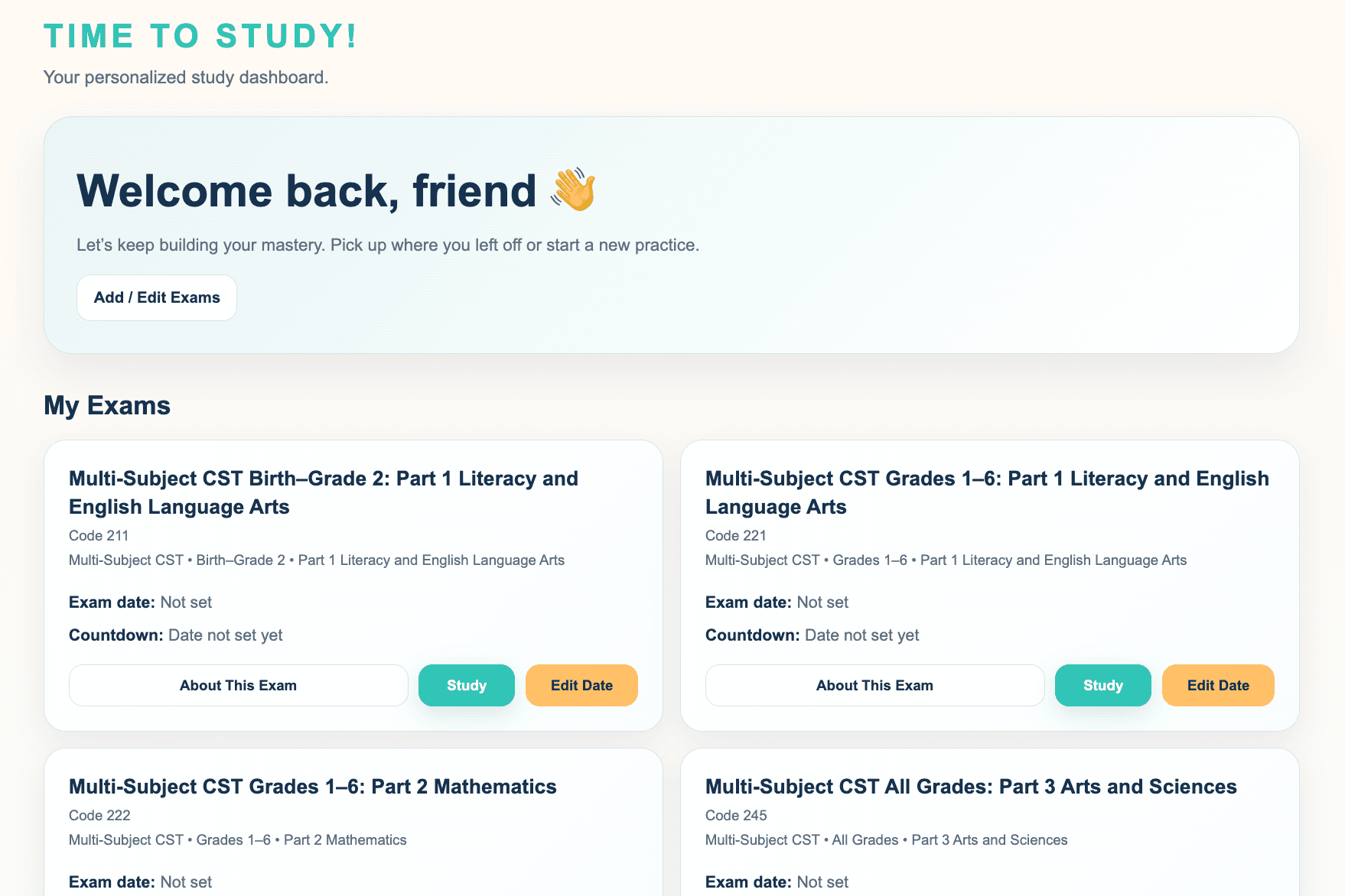 Example of the StudyBuddyCST dashboard
